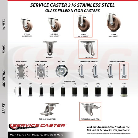 Service Caster 4 Inch 316SS High Temp Glass Filled Nylon 12mm Stem Caster Set Lock Brake SCC-SS316TSTTL20S414-GFNSHT-M1215-4